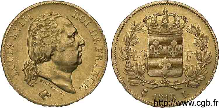 40 francs or Louis XVIII 1816 Bayonne F.542/3 MBC 