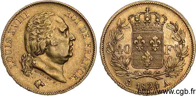 40 francs or Louis XVIII 1824 Paris F.542/14 MBC 