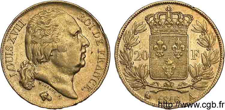 20 francs or Louis XVIII, tête nue 1816 Paris F.519/1 XF 