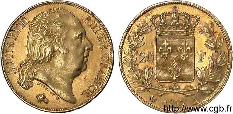 20 francs or Louis XVIII, tête nue 1817 Paris F.519/5 AU 