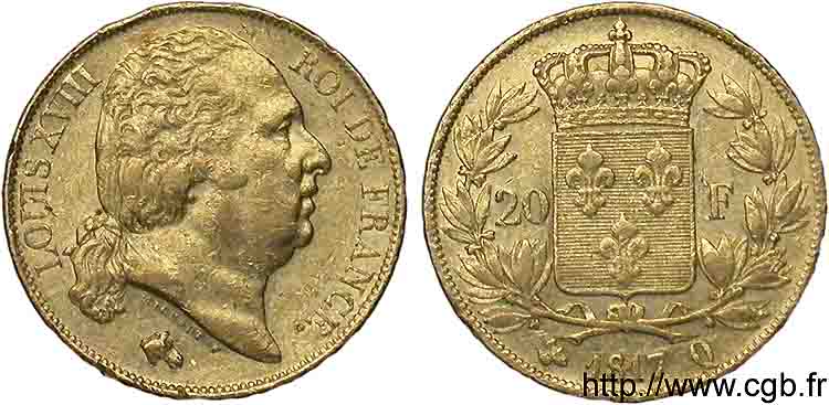 20 francs or Louis XVIII, tête nue 1817 Perpignan F.519/8 XF 