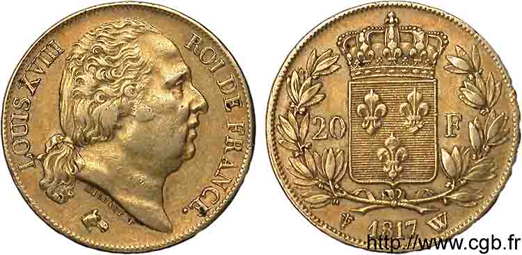 20 francs or Louis XVIII, tête nue 1817 Lille F.519/9 BB 