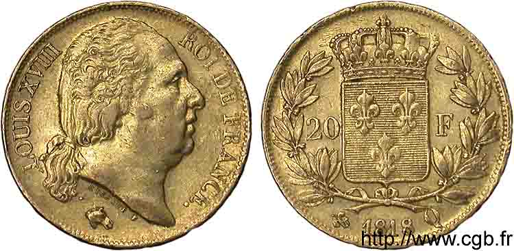 20 francs or Louis XVIII, tête nue 1818 Perpignan F.519/12 SS 