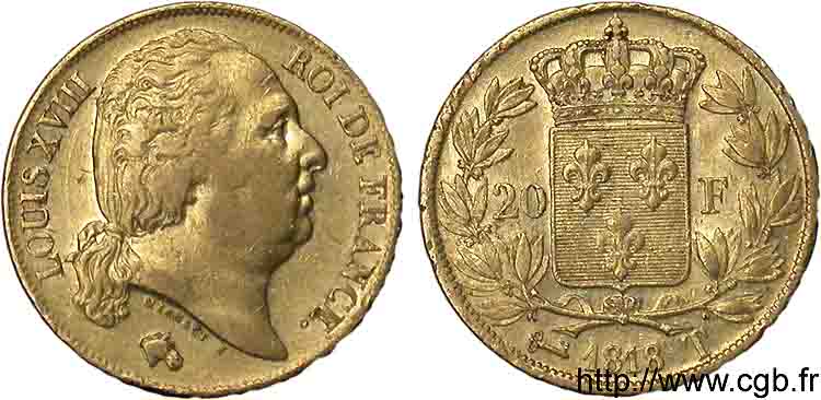 20 francs or Louis XVIII, tête nue 1818 Nantes F.519/13 MBC 