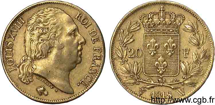 20 francs or Louis XVIII, tête nue 1818 Lille F.519/14 BB 