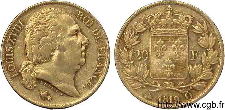 20 francs or Louis XVIII, tête nue 1819 Perpignan F.519/16 XF 