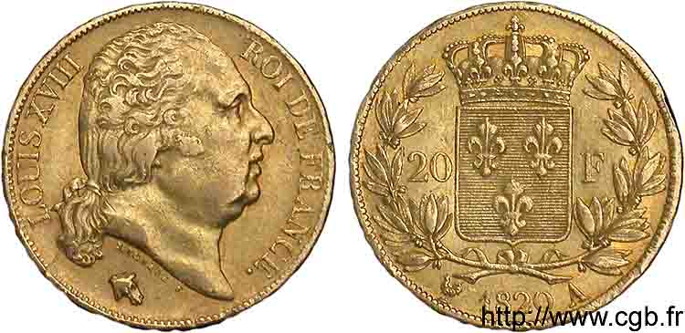 20 francs or Louis XVIII, tête nue 1820 Paris F.519/19 MBC 