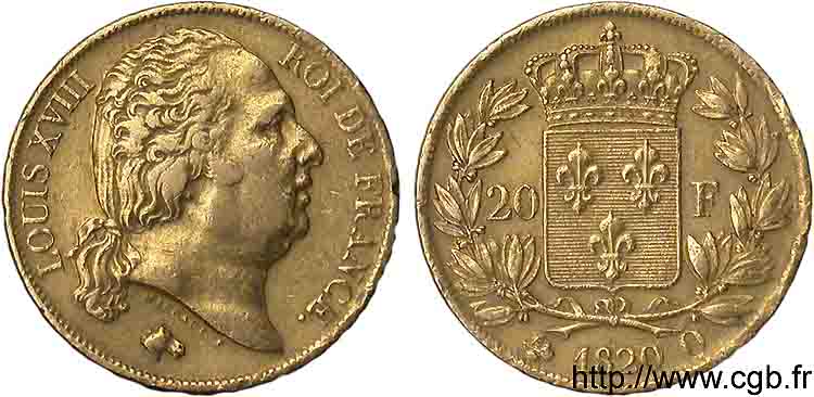 20 francs or Louis XVIII, tête nue 1820 Perpignan F.519/21 XF 