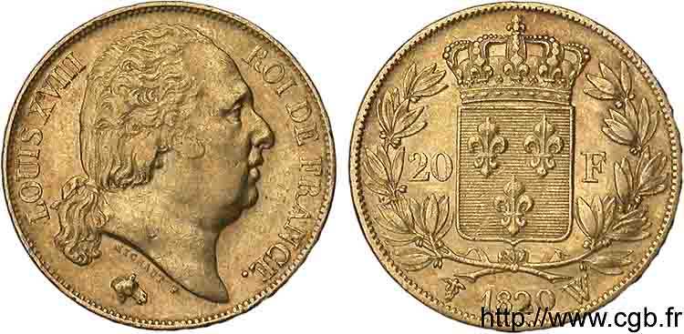 20 francs or Louis XVIII, tête nue 1820 Lille F.519/23 TTB 