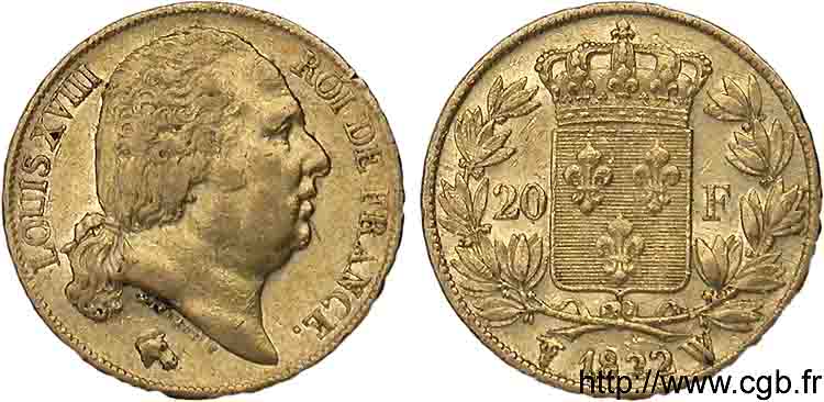 20 francs or Louis XVIII, tête nue 1822 Lille F.519/28 MBC 