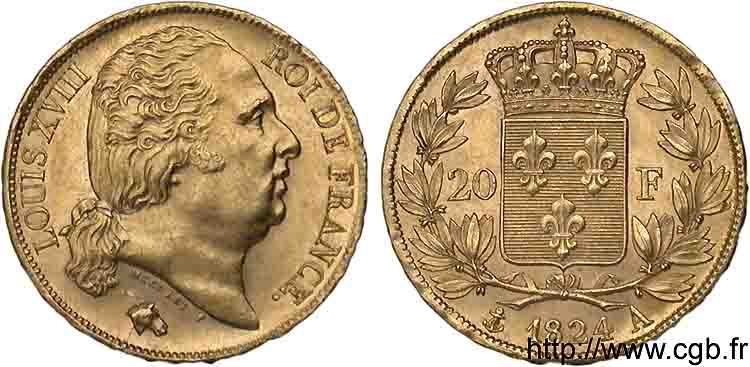 20 francs or Louis XVIII, tête nue 1824 Paris F.519/31 VZ 