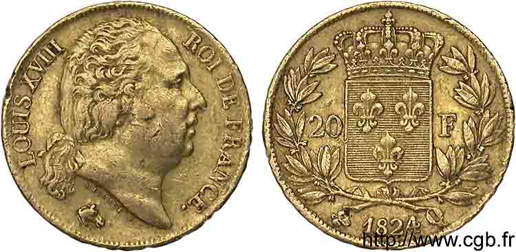 20 francs or Louis XVIII, tête nue 1824 Perpignan F.519/33 MBC 