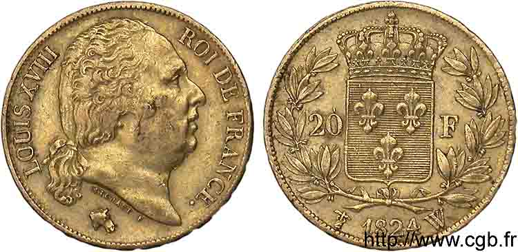 20 francs or Louis XVIII, tête nue 1824 Lille F.519/34 TTB 
