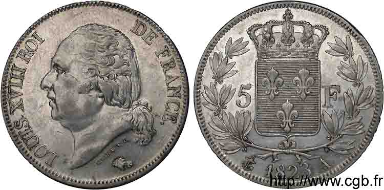 5 francs Louis XVIII, tête nue 1823 Paris F.309/76 EBC 