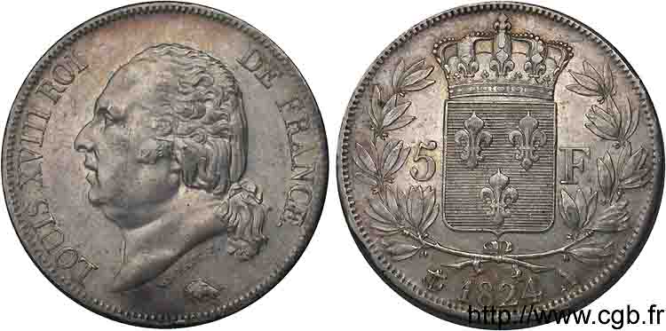 5 francs Louis XVIII, tête nue 1824 Paris F.309/86 TTB 