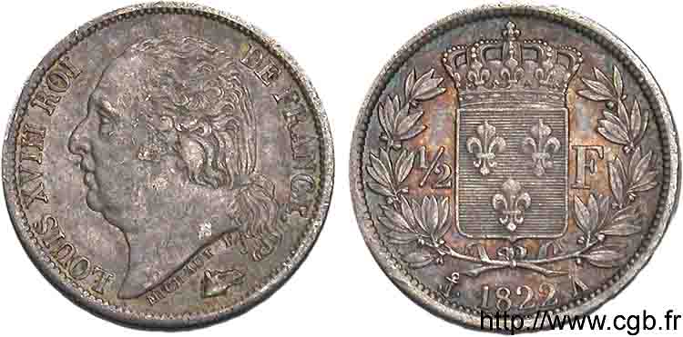 1/2 franc Louis XVIII 1822 Paris F.179/30 XF 