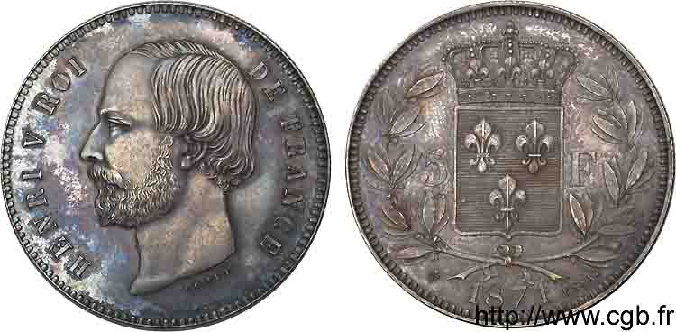 Essai de 5 Francs, Henri V 1871 Bruxelles VG.2731  fST 