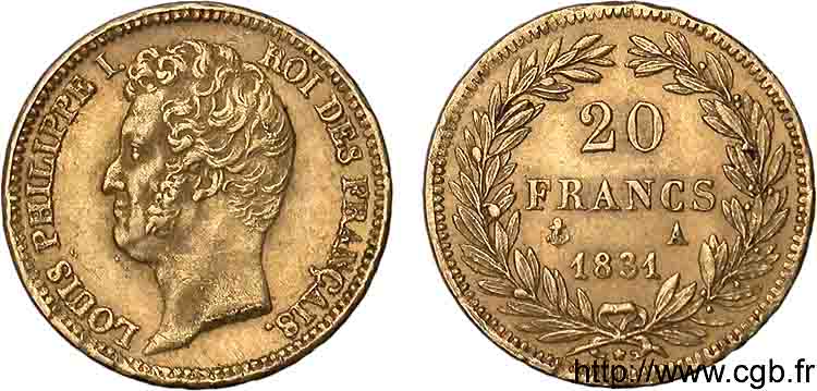 20 francs or Louis-Philippe, Tiolier, tranche inscrite en creux 1831 Paris F.524/2 EBC 