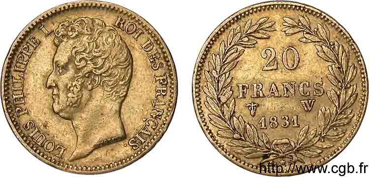 20 francs or Louis-Philippe, Tiolier, tranche inscrite en creux 1831 Lille F.524/4 XF 