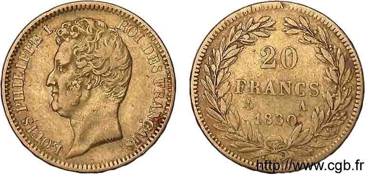 20 francs or Louis-Philippe, Tiolier, tranche inscrite en relief 1830 Paris F.525/1 XF 