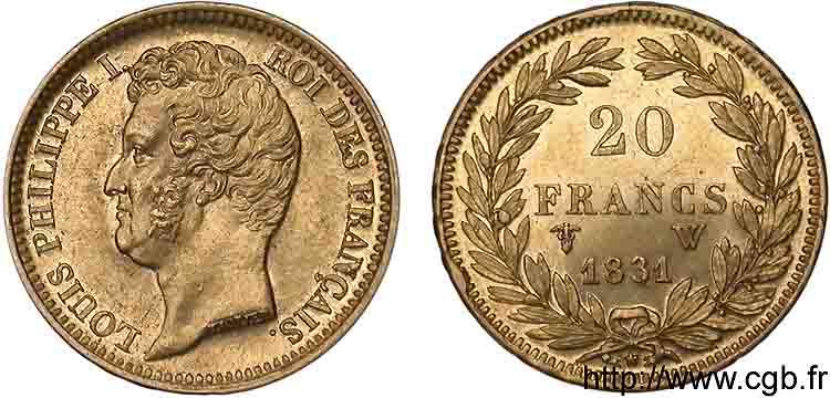 20 francs or Louis-Philippe, Tiolier, tranche inscrite en relief 1831 Lille F.525/5 SPL 