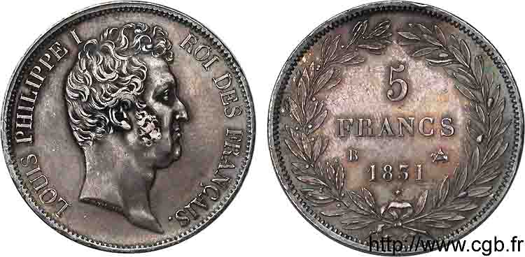 5 francs type Tiolier avec le I, tranche en creux 1831 Rouen F.315/15 AU 