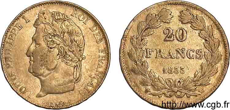 20 francs Louis-Philippe, Domard 1833 Lille F.527/6 TTB 