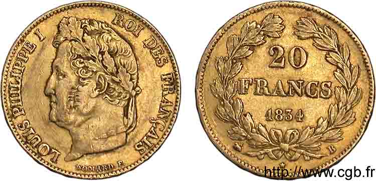 20 francs Louis-Philippe, Domard 1834 Rouen F.527/8 SS 