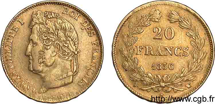 20 francs Louis-Philippe, Domard 1836 Lille F.527/15 SS 