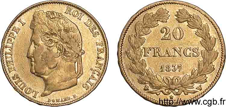 20 francs Louis-Philippe, Domard 1837 Lille F.527/17 BB 