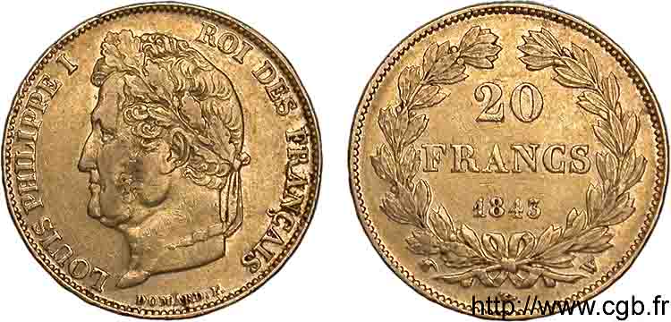 20 francs Louis-Philippe, Domard 1843 Lille F.527/30 MBC 