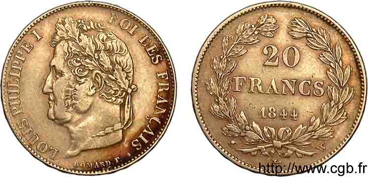 20 francs Louis-Philippe, Domard 1844 Lille F.527/32 XF 
