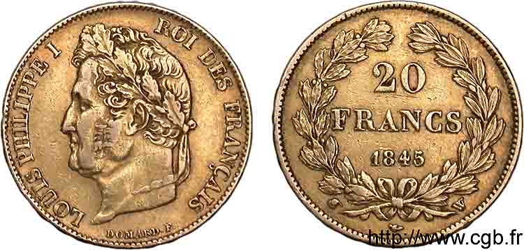 20 francs Louis-Philippe, Domard 1845 Lille F.527/34 XF 