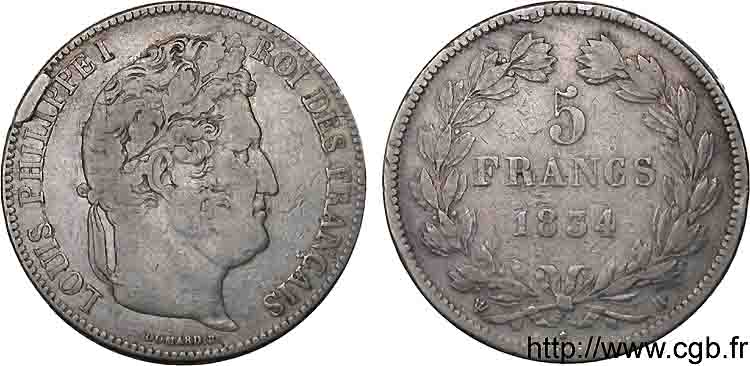 5 francs IIe type Domard 1834 La Rochelle F.324/33 VF 