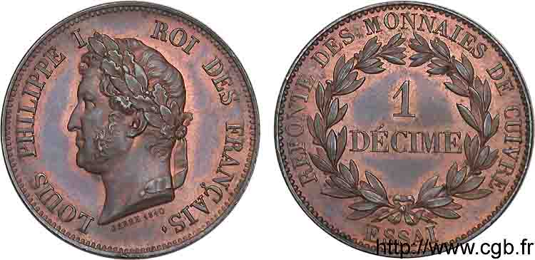 Essai 1 décime en cuivre  1840 Paris VG.2916  SPL 