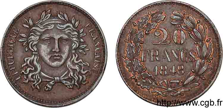 Concours de 20 francs, essai - piéfort en cuivre attribué à Gayrard 1848  VG.3050  EBC 