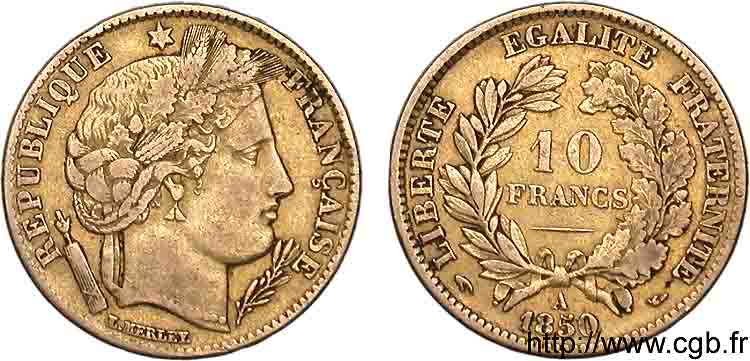 10 francs Cérès Deuxième république, Levrette oreille haute 1850 Paris F.504/1 VF 