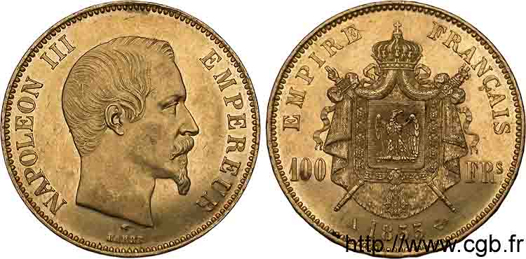 100 francs or Napoléon III tête nue 1855 Paris F.550/1 AU 