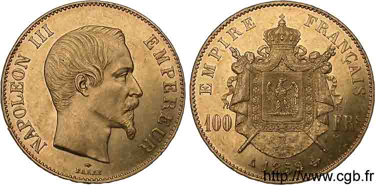 100 francs or Napoléon III tête nue 1859 Paris F.550/7 EBC 
