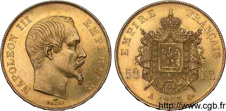 50 francs or Napoléon III tête nue 1855 Paris F.547/1 EBC 