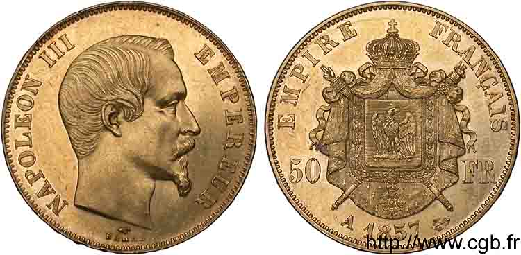 50 francs or Napoléon III tête nue 1857 Paris F.547/4 EBC 