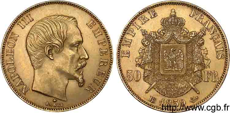 50 francs or Napoléon III tête nue 1859 Strasbourg F.547/8 AU 