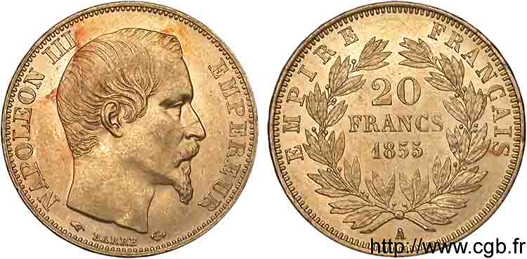 20 francs or Napoléon III tête nue 1855 Paris F.531/4 SPL 