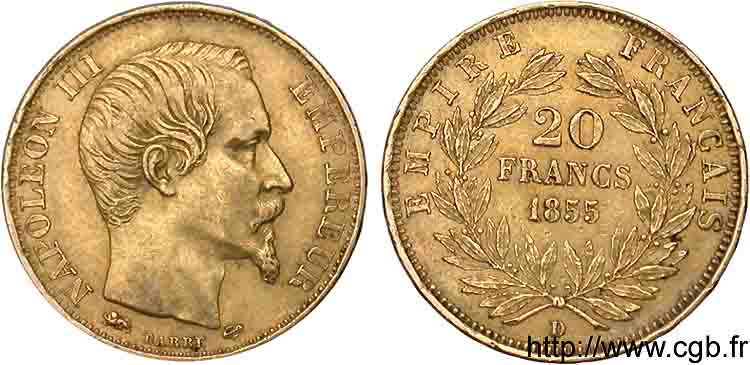 20 francs or Napoléon III tête nue, Grand Lion 1855 Lyon F.531/8 TTB 