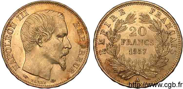 20 francs or Napoléon III tête nue 1857 Paris F.531/12 EBC 