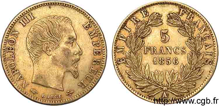 5 francs or Napoléon III tête nue, grand module 1856 Paris F.501/2 XF 