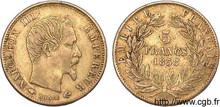 5 francs or Napoléon III tête nue, grand module 1858 Paris F.501/5 XF 