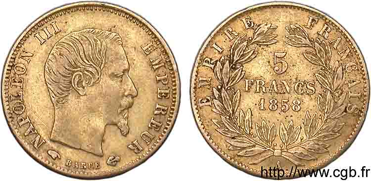 5 francs or Napoléon III tête nue, grand module 1858 Paris F.501/5 SS 