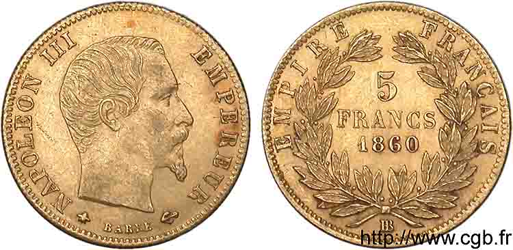 5 francs or Napoléon III tête nue, grand module 1860 Strasbourg F.501/13 VZ 