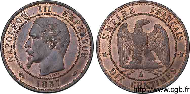 10 Centimes Napoléon III, tête nue 1857 Paris F.133/41 EBC 